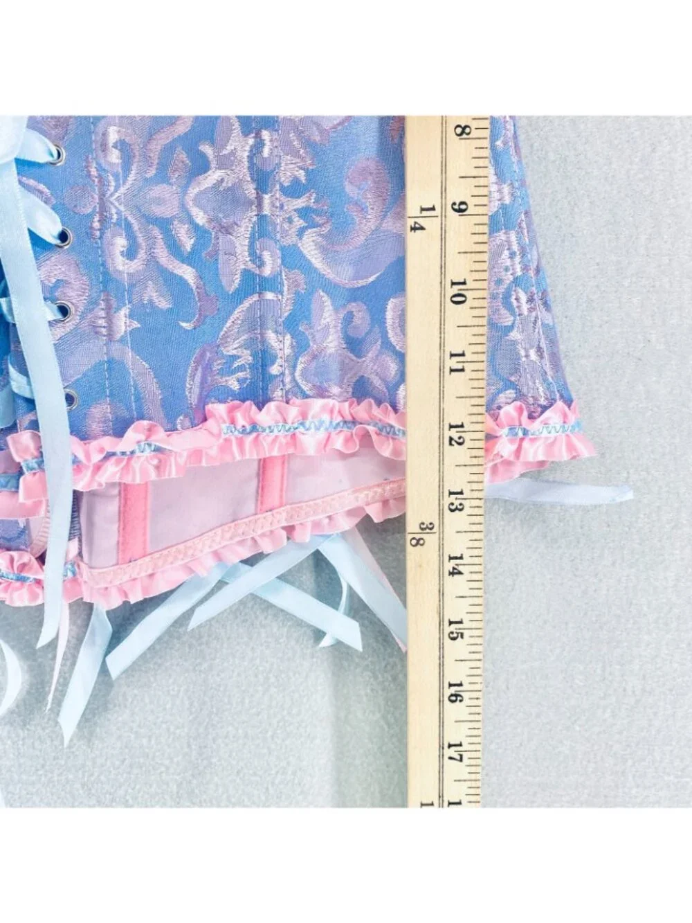 Womens Corset Large Blue Pink Satin Bustier Lingerie Set G String Bows